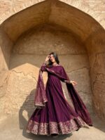 Dark Maroon Color Faux Georgette Fabric Sequence Work Gown