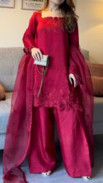 Dark Pink Color Roman Fabric Thread With Sequence Work Palazzo Suit