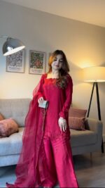 Dark Pink Color Roman Fabric Thread With Sequence Work Palazzo Suit