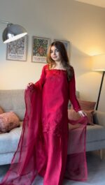 Dark Pink Color Roman Fabric Thread With Sequence Work Palazzo Suit