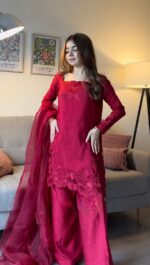 Dark Pink Color Roman Fabric Thread With Sequence Work Palazzo Suit