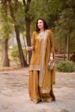 Dark Yellow Color Mul Chanderi Fabric Thread With Sequence Work Palazzo Suit