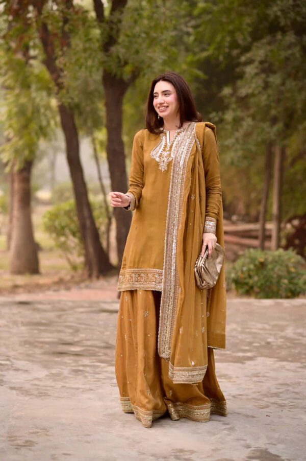 Dark Yellow Color Mul Chanderi Fabric Thread With Sequence Work Palazzo Suit