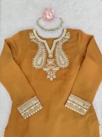 Dark Yellow Color Mul Chanderi Fabric Thread With Sequence Work Palazzo Suit
