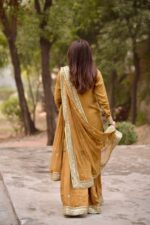 Dark Yellow Color Mul Chanderi Fabric Thread With Sequence Work Palazzo Suit