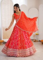Fanta Color Faux Georgette Fabric Thread With Sequence Work Lehenga