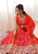 Fanta Color Faux Georgette Fabric Thread With Sequence Work Lehenga