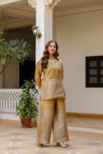 Gold Color Banarasi Viscose Fabric Embroidery Semi Beads Work Suit