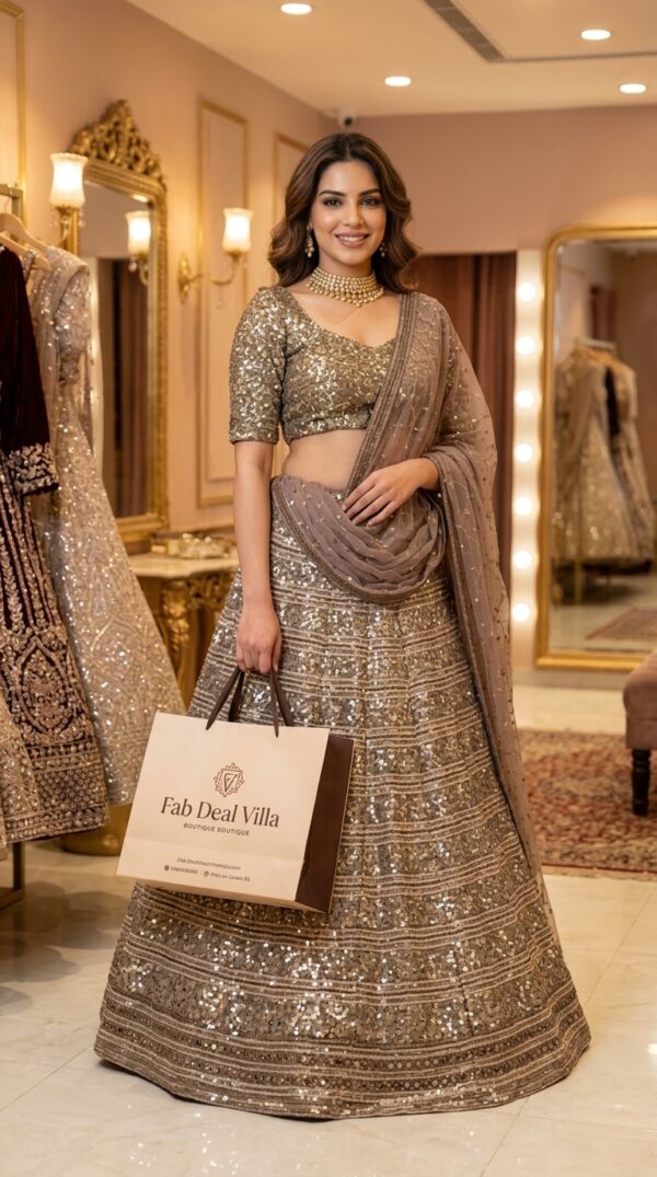 Gold Color Faux Georgette Fabric Sequence With Jari Work Lehenga
