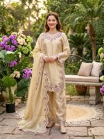 Gold Color Jimmy Choo Silk Fabric Thread Work Palazzo Suit