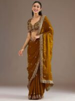 Gold Color Tissue Fabric Multiple Sequence With Jari Embroidery Work Saree