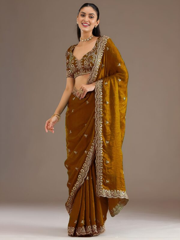 Gold Color Tissue Fabric Multiple Sequence With Jari Embroidery Work Saree