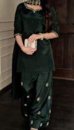 Green Color Natural Crepe Fabric Sequence With Pearl Work Farshi Style Palazzo Suit