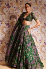 Green Color Tabby Silk Fabric Digital Print With Real Mirror Work Lehenga