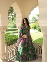 Green Color Tabby Silk Fabric Digital Print With Real Mirror Work Lehenga