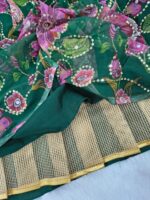 Green Color Tabby Silk Fabric Digital Print With Real Mirror Work Lehenga