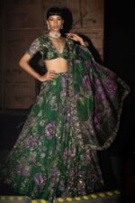 Green Color Tabby Silk Fabric Digital Print With Real Mirror Work Lehenga