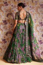 Green Color Tabby Silk Fabric Digital Print With Real Mirror Work Lehenga
