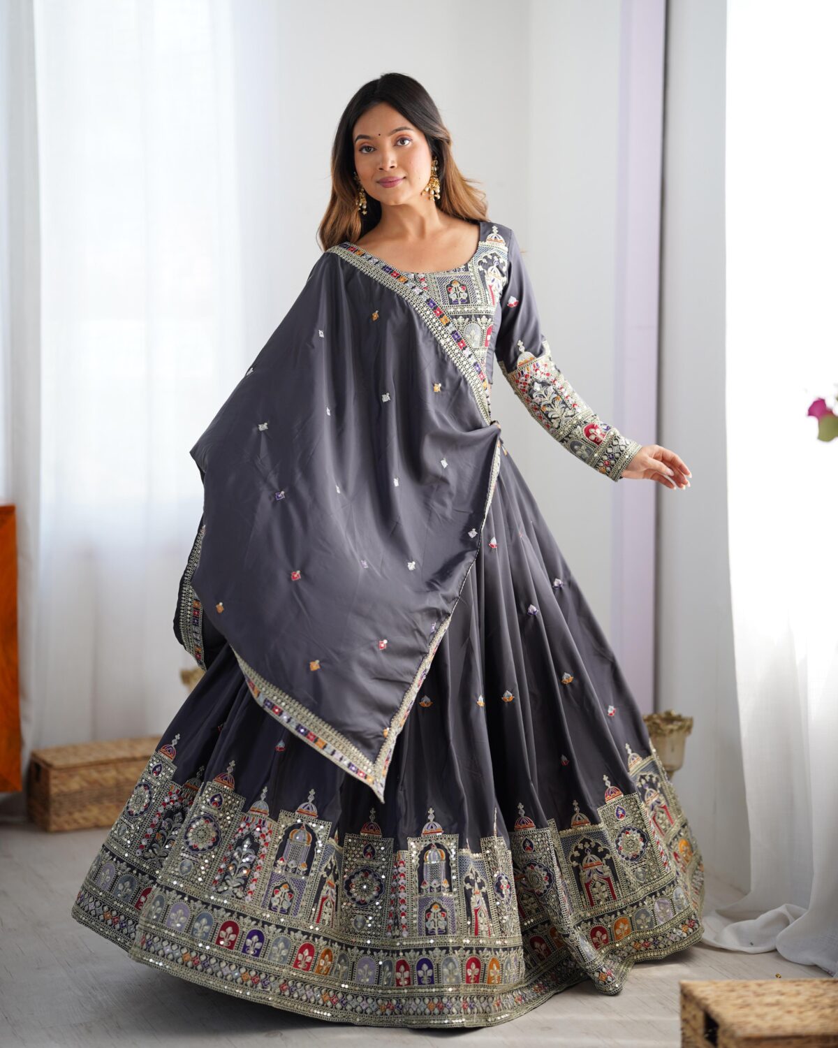 Grey Color Natural Crepe Silk Fabric Thread With Sequence Work Lehenga