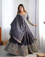 Grey Color Natural Crepe Silk Fabric Thread With Sequence Work Lehenga