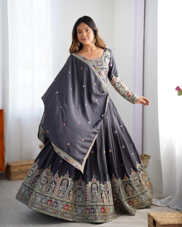 Grey Color Natural Crepe Silk Fabric Thread With Sequence Work Lehenga
