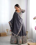 Grey Color Natural Crepe Silk Fabric Thread With Sequence Work Lehenga