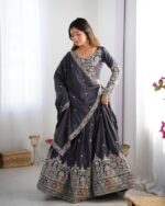 Grey Color Natural Crepe Silk Fabric Thread With Sequence Work Lehenga