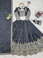 Grey Color Natural Crepe Silk Fabric Thread With Sequence Work Lehenga