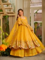 Haldi Special Yellow Color Crunchy Silk Fabric Thread With Sequence Work Anarkali Palazzo Suit