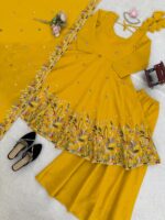 Haldi Special Yellow Color Crunchy Silk Fabric Thread With Sequence Work Anarkali Palazzo Suit