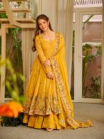 Haldi Special Yellow Color Crunchy Silk Fabric Thread With Sequence Work Anarkali Palazzo Suit