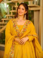Haldi Special Yellow Color Crunchy Silk Fabric Thread With Sequence Work Anarkali Palazzo Suit