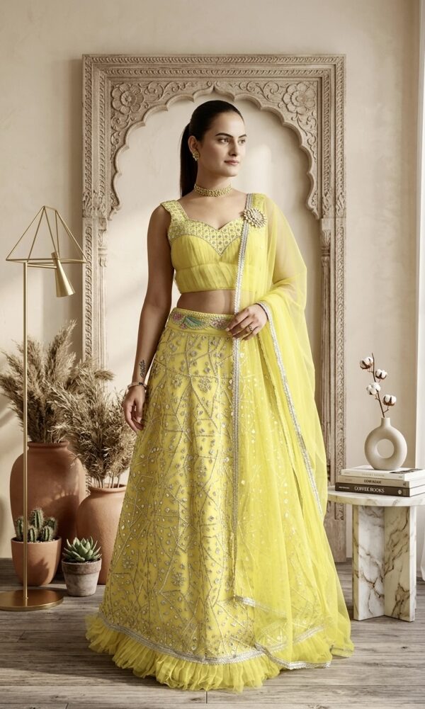 Lemon Yellow Color Georgette Fabric Jari Work With Foil Paper Work Lehenga