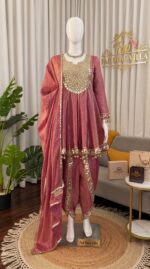 Light Pink Color Gold Crush Fabric Real Mirror Work Dhoti Style Suit