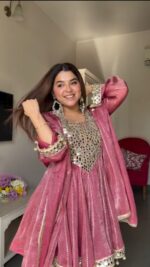 Light Pink Color Gold Crush Fabric Real Mirror Work Dhoti Style Suit