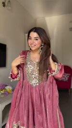 Light Pink Color Gold Crush Fabric Real Mirror Work Dhoti Style Suit