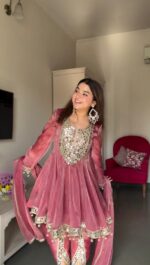 Light Pink Color Gold Crush Fabric Real Mirror Work Dhoti Style Suit