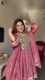 Light Pink Color Gold Crush Fabric Real Mirror Work Dhoti Style Suit