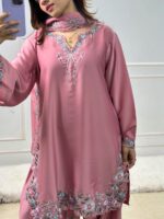 Light Pink Color Natural Crepe Fabric Thread With Sequence Work Farshi Style Suit
