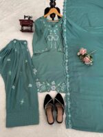 Light Pista Color Natural Crepe Fabric Thread With Sequence Work Farshi Style Suit