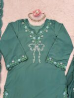 Light Pista Color Natural Crepe Fabric Thread With Sequence Work Farshi Style Suit