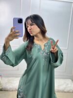 Light Pista Color Natural Crepe Fabric Thread With Sequence Work Farshi Style Suit