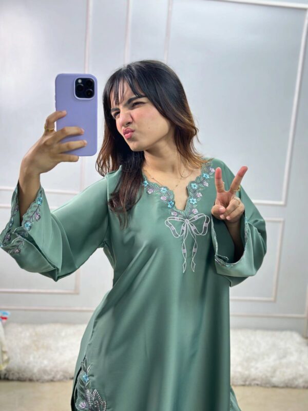 Light Pista Color Natural Crepe Fabric Thread With Sequence Work Farshi Style Suit