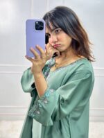 Light Pista Color Natural Crepe Fabric Thread With Sequence Work Farshi Style Suit