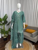 Light Pista Color Natural Crepe Fabric Thread With Sequence Work Farshi Style Suit