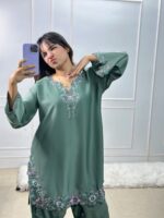 Light Pista Color Natural Crepe Fabric Thread With Sequence Work Farshi Style Suit