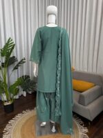 Light Pista Color Natural Crepe Fabric Thread With Sequence Work Farshi Style Suit