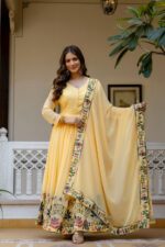 Light Yellow Color Faux Georgette Fabric Embroidery Work Gown