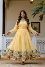 Light Yellow Color Faux Georgette Fabric Embroidery Work Gown