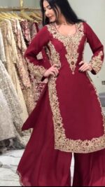 Maroon Color Faux Georgette Fabric Thread With Sequence Work Palazzo Suit